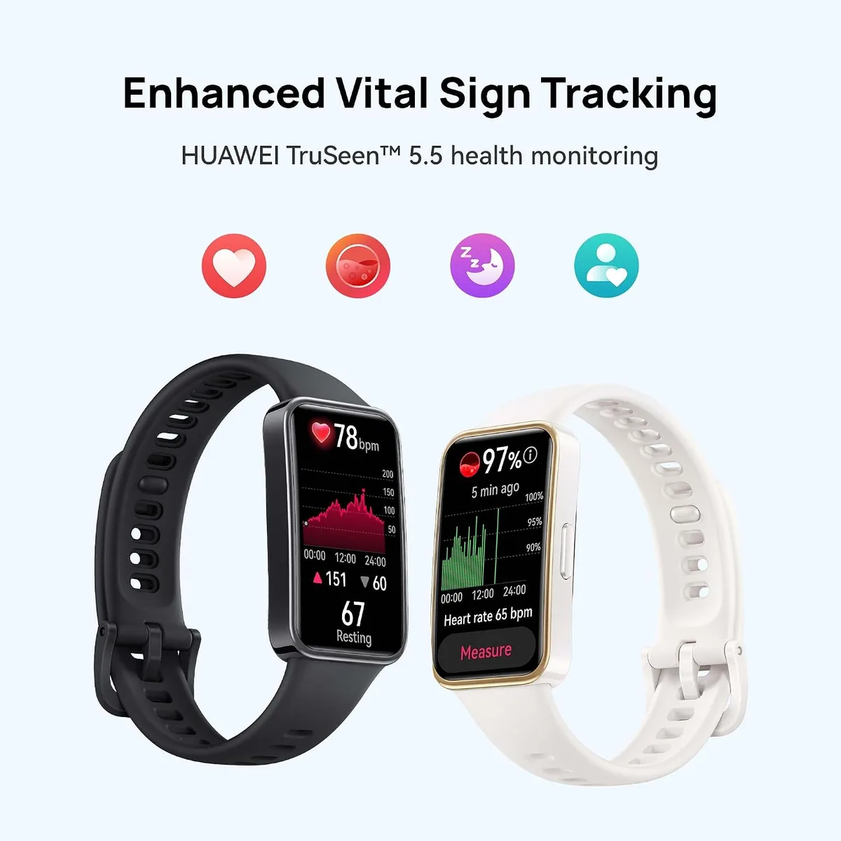 Band 9 Fitness Tracker en negro y blanco midiendo ritmo cardiaco y oxígeno en sangre
